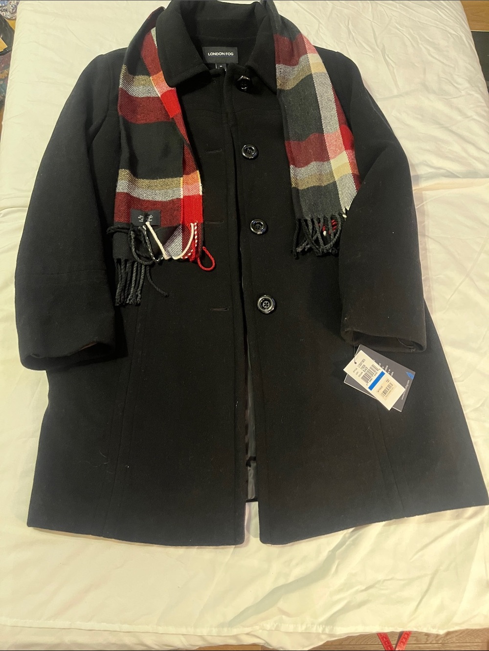 London Fog Women’s Black Wool-Blend Single-Breasted Pea Coat with Plaid Scarf